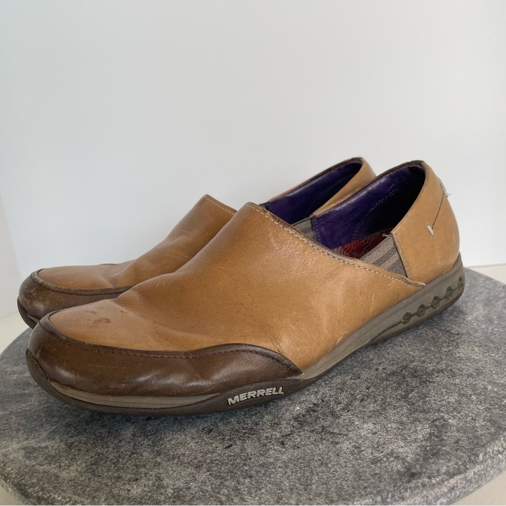 Merrell Entice Brown Tan Leather Slip On Loafers Shoes 9.5